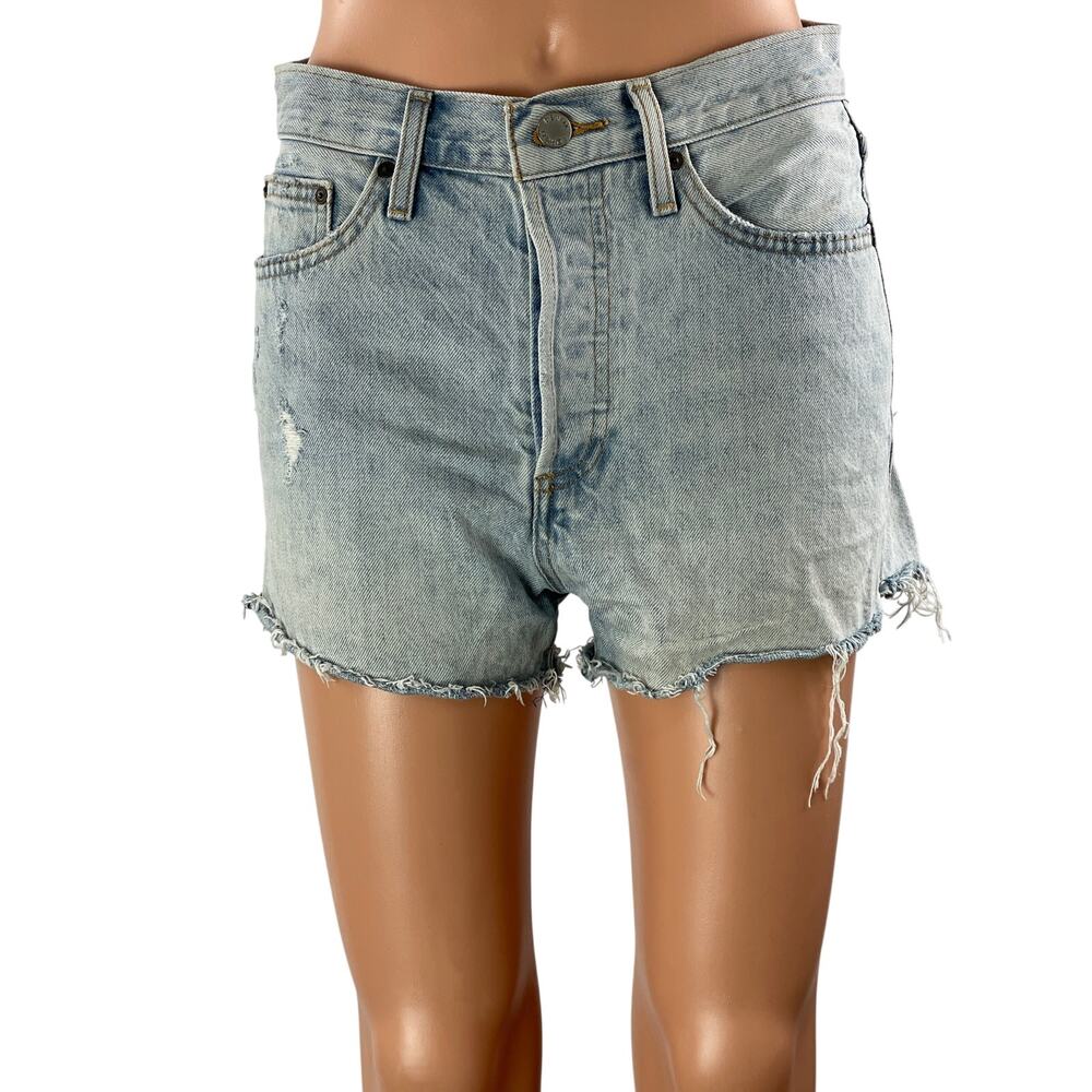 Aritzia Denim Forum The Yoko Blue High Rise Distressed Cut Off Jean Shorts 27